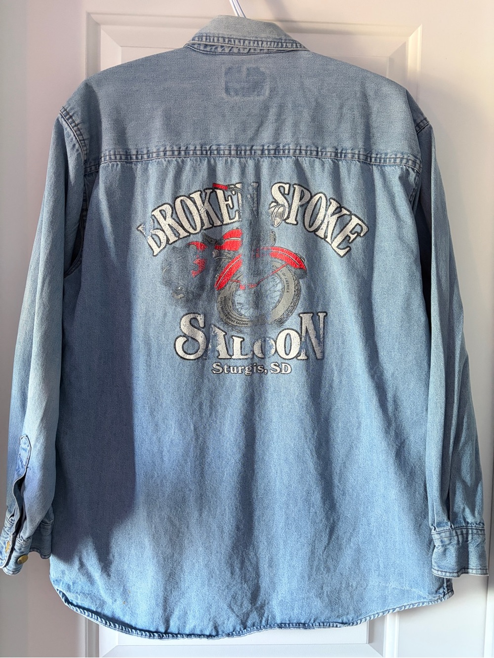 Vintage Broken Spoke Saloon Denim Button Down Shirt with Motorcycle Graphic